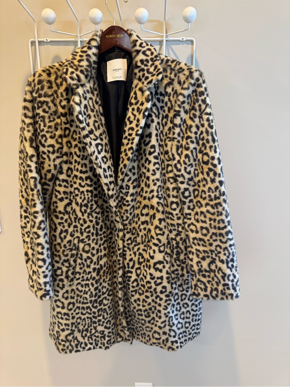 Mango Leopard Print Faux Fur Coat - Cream/Black